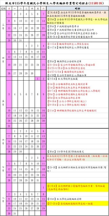 115學年度國民小學新生入學及編班作業暫定時程表圖片